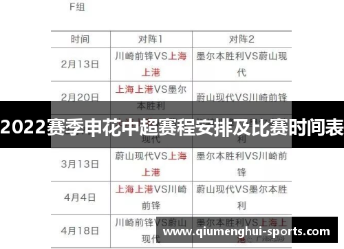 2022赛季申花中超赛程安排及比赛时间表